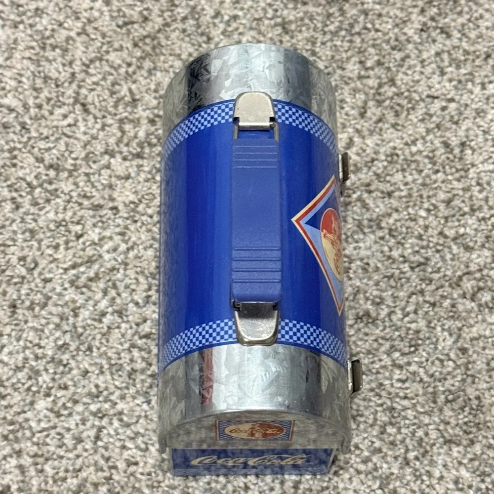 Coca-Cola Workbox Tin Lunch Box Dome Top Metal Latch Blue Silver 6x5x3.25 2002